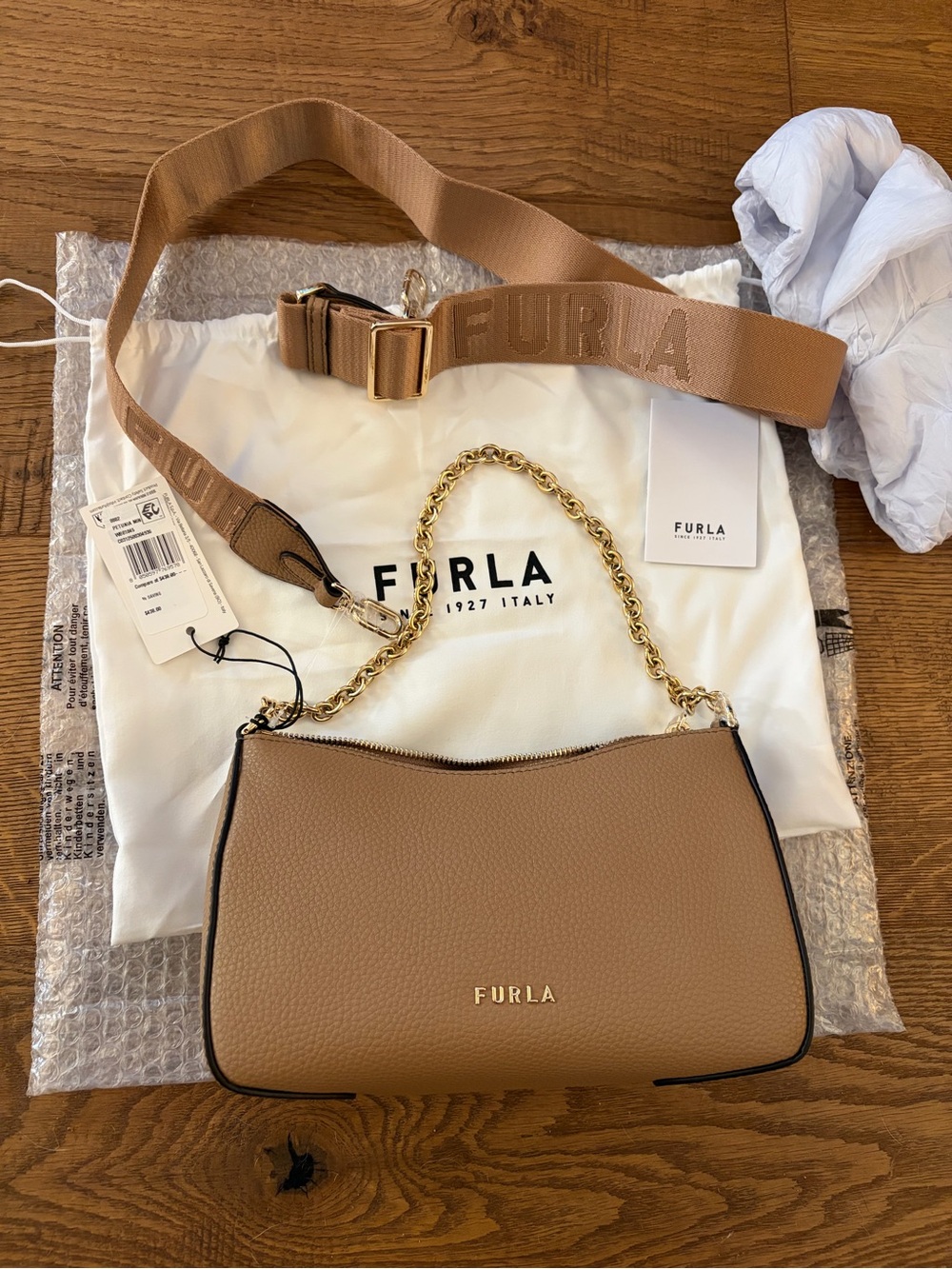 Furla Petunia Pebbled Leather Shoulder Bag with Gold Chain